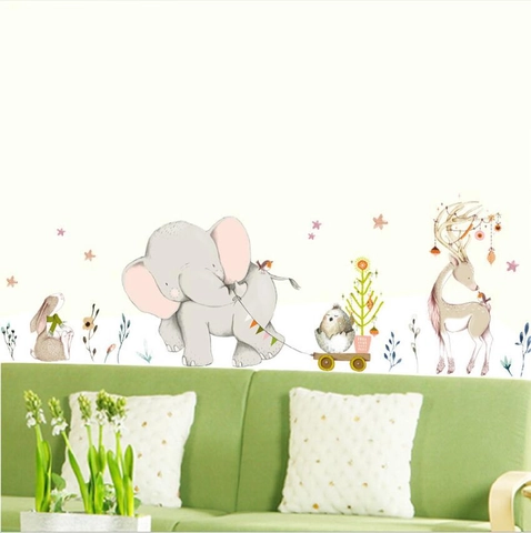 Cartoon Elefant Hirsch Hase Wandaufkleber PVC Wasserdicht Aufkleber Kinderzimmer Deko Handgezeichnete Tier Wandtattoo Art