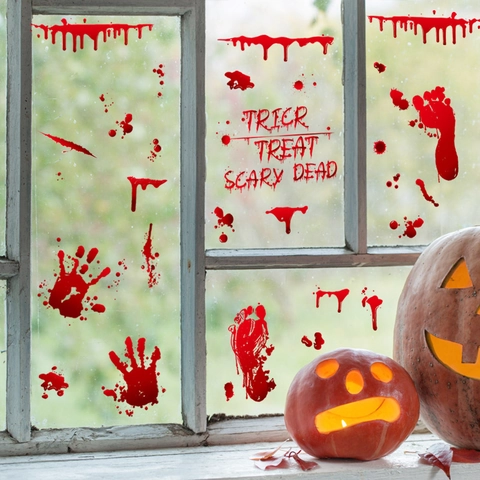 Halloween Blood Handprint Window Stickers Scary Blood Splatters Footprints Skulls Static PVC Decals For Window Glass Door Wall Party Decoration