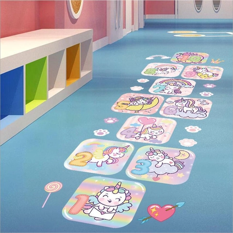 Unicorn Hopscotch Floor Sticker Cartoon Educational Number Game Removable PVC Decals For Kids Nursery Playroom Play Ground Decor