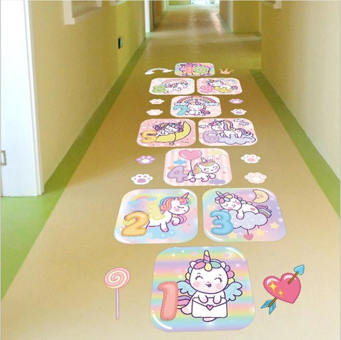 Unicorn Hopscotch Floor Sticker Cartoon Educational Number Game Removable PVC Decals For Kids Nursery Playroom Play Ground Decor