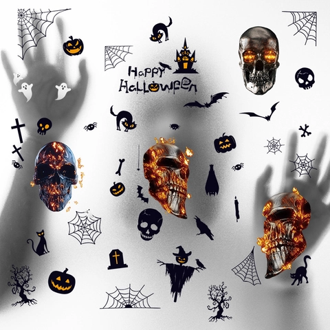 9 Hojas Pegatinas Estáticas para Ventanas de Halloween Calavere Llama Calabaza Murciélago Fantasma Telaraña Pegatinas para Cristales Decoración