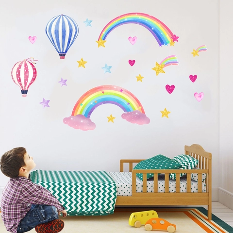 Pegatinas de Pared de Globo Aerostático Arco Iris Para Habitación Niños Estrellas Corazón Acuarela Calcomanías de Pared PVC