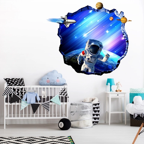 3D Weltraum Astronaut Wandaufkleber Wasserdicht PVC Planet Weltraumshuttle Wandbild Dekoration Für Kinderzimmer Wohnzimmer