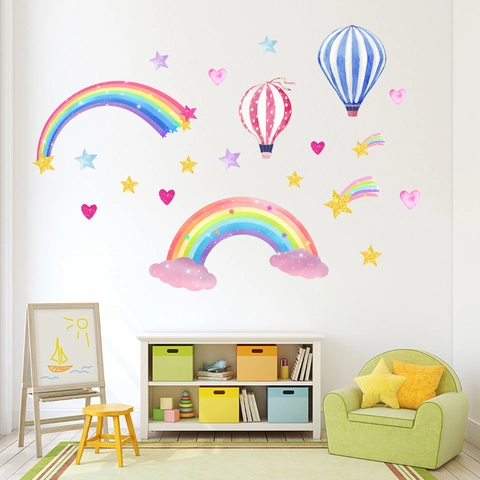 Pegatinas de Pared de Globo Aerostático Arco Iris Para Habitación Niños Estrellas Corazón Acuarela Calcomanías de Pared PVC