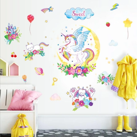 Cartoon Eenhoorn Kat Maan Muursticker Voor Kinderkamer Aquarell Regenboog Ster Wolk PVC Waterdicht DIY Decoratie