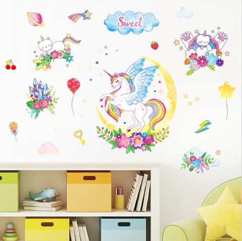 Cartoon Eenhoorn Kat Maan Muursticker Voor Kinderkamer Aquarell Regenboog Ster Wolk PVC Waterdicht DIY Decoratie