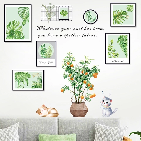 Nordic PVC Green Plant Cat Wall Stickers Waterproof Removable Potted Orange Tree Inspirational Quote Decals For Home Decor