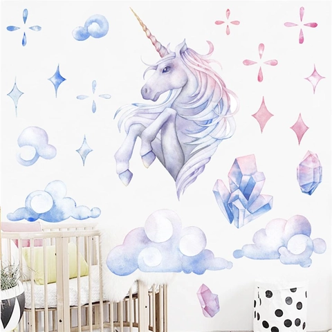 Blue Unicorn Cloud Star Wall Sticker Watercolor PVC Waterproof Decorative Decal For Kids Room Nursery Bedroom Living Room