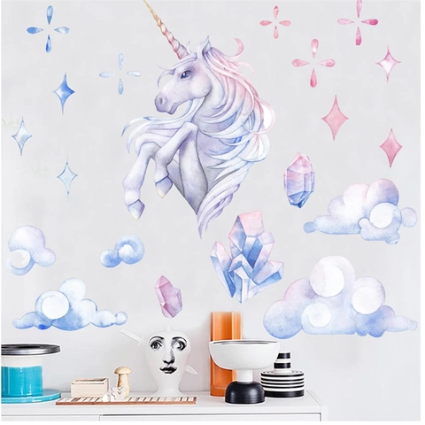 Blue Unicorn Cloud Star Wall Sticker Watercolor PVC Waterproof Decorative Decal For Kids Room Nursery Bedroom Living Room