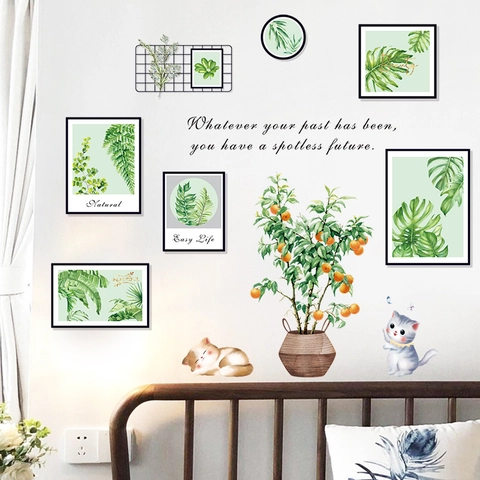 Nordic PVC Green Plant Cat Wall Stickers Waterproof Removable Potted Orange Tree Inspirational Quote Decals For Home Decor