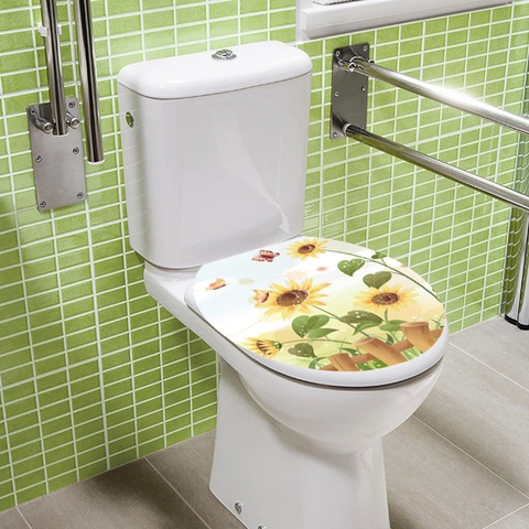 Sonnenblume Schmetterling Toiletten Aufkleber Wasserdicht PVC Pastoral Wandtattoo Für Badezimmer Zuhause Dekoration
