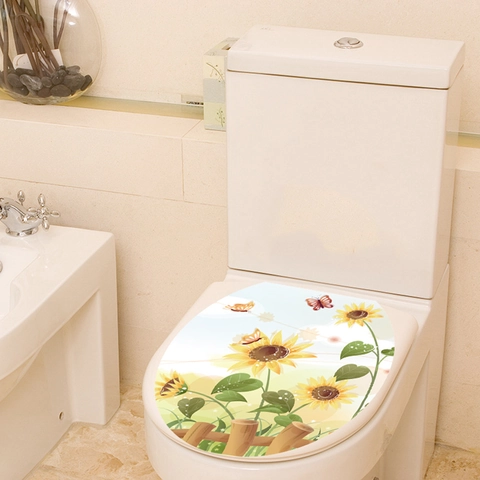 Sonnenblume Schmetterling Toiletten Aufkleber Wasserdicht PVC Pastoral Wandtattoo Für Badezimmer Zuhause Dekoration