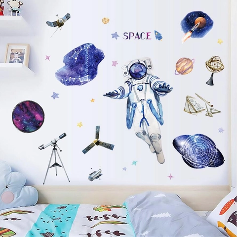 Aquarel Astronaut Ruimte Muurstickers Voor Kinderkamer Slaapkamer Decor PVC Waterdicht Planeet Raket Ster Decals Verwijderbare DIY Muurkunst