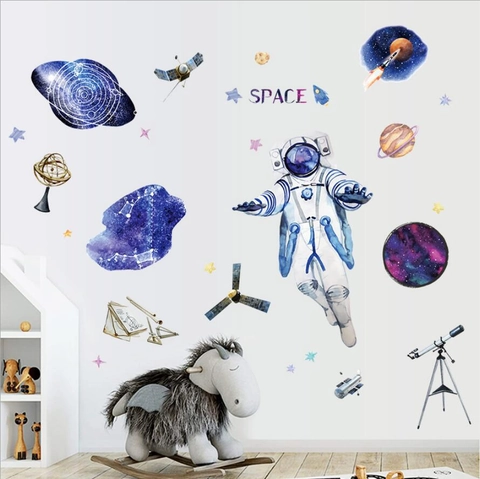 Aquarel Astronaut Ruimte Muurstickers Voor Kinderkamer Slaapkamer Decor PVC Waterdicht Planeet Raket Ster Decals Verwijderbare DIY Muurkunst