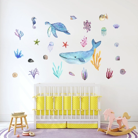 Vinilos Decorativos Acuarela Mundo Submarino Ballena Tortuga Marina PVC Impermeable Vida Marina Calcomanías Decorativas Para Habitación Infantil