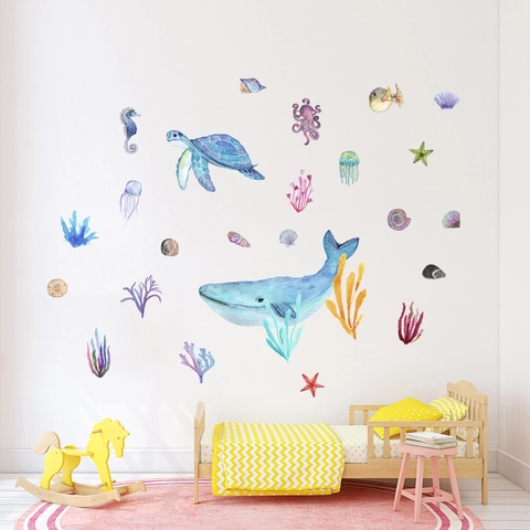 Vinilos Decorativos Acuarela Mundo Submarino Ballena Tortuga Marina PVC Impermeable Vida Marina Calcomanías Decorativas Para Habitación Infantil