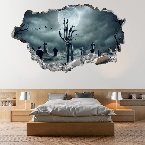 Pegatina de Pared Halloween 3D Cementerio Mano de Esqueleto Luna Murciélagos Impermeable PVC Decoración para Sala Dormitorio