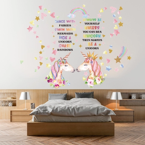 Vinilos Decorativos De Unicornio Y Arcoíris PVC Acuarela Para Habitación Infantil Frases Inspiradoras Estrellas Corazones