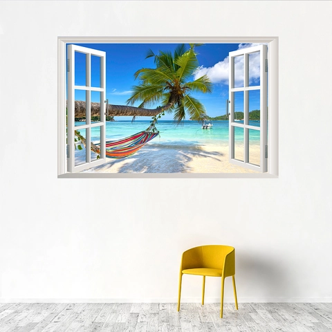 3D Falsches Fenster Wandaufkleber Tropische Strandlandschaft Kokosnussbaum PVC Wasserdicht Abnehmbar Wandtattoo Für Wohnzimmer Schlafzimmer Home Decor