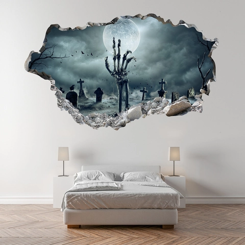 Pegatina de Pared Halloween 3D Cementerio Mano de Esqueleto Luna Murciélagos Impermeable PVC Decoración para Sala Dormitorio