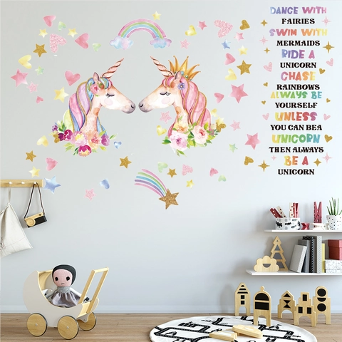 Vinilos Decorativos De Unicornio Y Arcoíris PVC Acuarela Para Habitación Infantil Frases Inspiradoras Estrellas Corazones