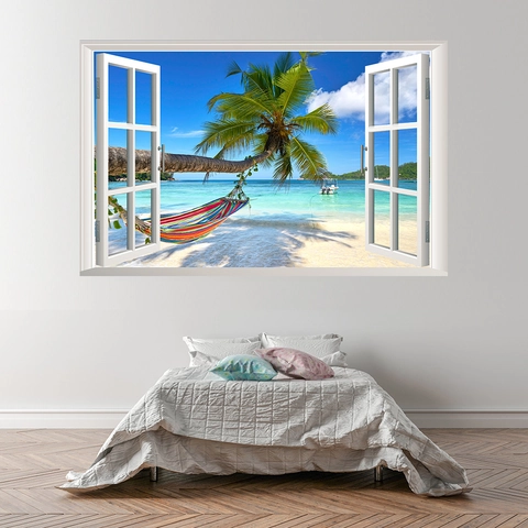 3D Falsches Fenster Wandaufkleber Tropische Strandlandschaft Kokosnussbaum PVC Wasserdicht Abnehmbar Wandtattoo Für Wohnzimmer Schlafzimmer Home Decor