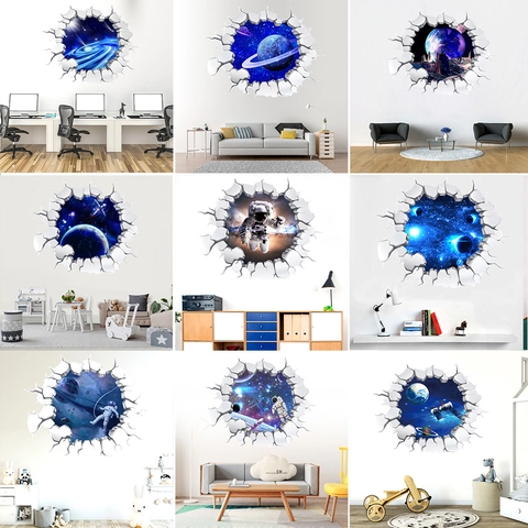 3D Weltraum Planeten Wandaufkleber Broken Wall Effekt Astronaut Galaxie Sternenhimmel PVC Wasserdicht Deko
