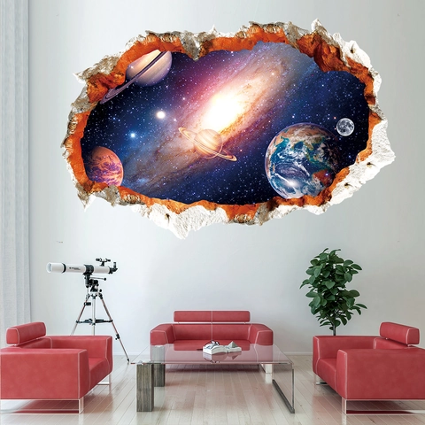 3D Universum Sternenhimmel Planet Gebrochene Wandaufkleber PVC Wasserdicht Galaxy Erde Weltraum Wandtattoo Für Kinderzimmer