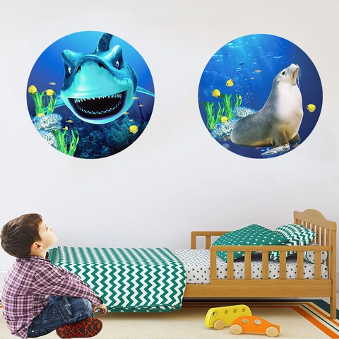 3D Round Ocean World Wall Stickers PVC Shark Seal Coral Reef Underwater Landscape Decals For Kids Room Living Room Decoration