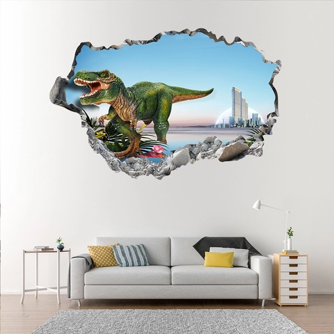 3D Dinosaurier Wanddurchbruch Wandaufkleber Für Kinderzimmer Wohnzimmer Deko Abnehmbar PVC T-Rex Stadtbild Landschaft Wandbild