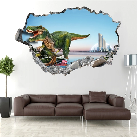 3D Dinosaurier Wanddurchbruch Wandaufkleber Für Kinderzimmer Wohnzimmer Deko Abnehmbar PVC T-Rex Stadtbild Landschaft Wandbild
