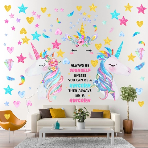Adesivi Murali Unicorno Sognanti Impermeabile PVC Rimovibile Stelle Cuori Piume Decalcomanie Per Camera Dei Bambini Casa