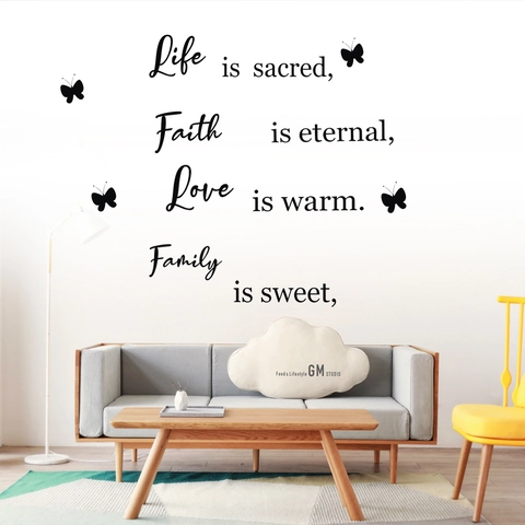 Pegatina de Pared de PVC Removible Con Citas Inspiradoras Sobre La Vida La Fe El Amor La Familia Y Patrones De Mariposas Negro