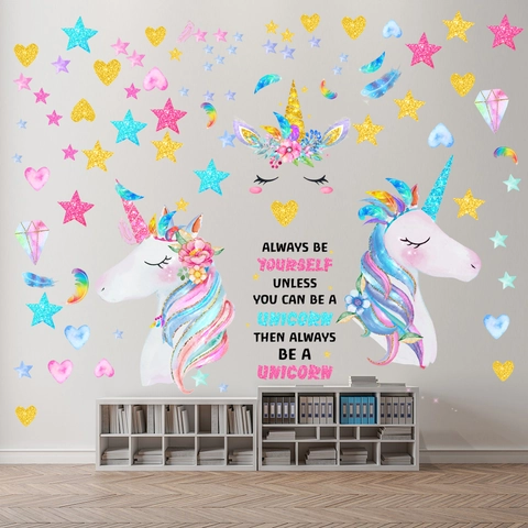 Vinilos Decorativos De Unicornio De Ensueño Impermeable PVC Removible Estrellas Corazones Plumas Para Habitación Infantil Casa
