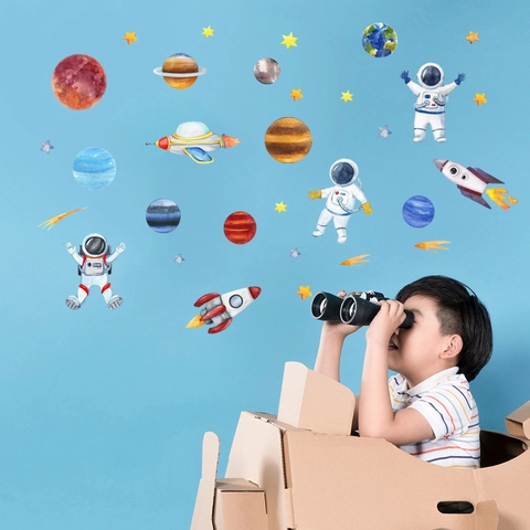 Watercolor Space Wall Stickers For Kids Room Astronaut Planet Rocket Stars PVC Decal For Bedroom Nursery Home Decor