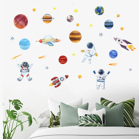 Watercolor Space Wall Stickers For Kids Room Astronaut Planet Rocket Stars PVC Decal For Bedroom Nursery Home Decor