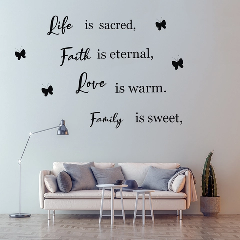 Pegatina de Pared de PVC Removible Con Citas Inspiradoras Sobre La Vida La Fe El Amor La Familia Y Patrones De Mariposas Negro