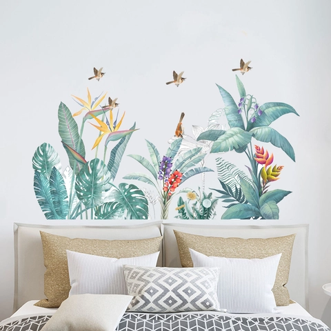 Tropical Green Leaf Plant Flower Bird Wall Stickers PVC Waterproof Removable DIY Wall Decal For Living Room Bedroom Decor