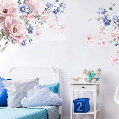 Stickers Muraux Floraux Aquarelle Pivoine Ipomée PVC Imperméable Amovible Décalcomanies d'Art Pour Chambre d'Enfant Salon Décor