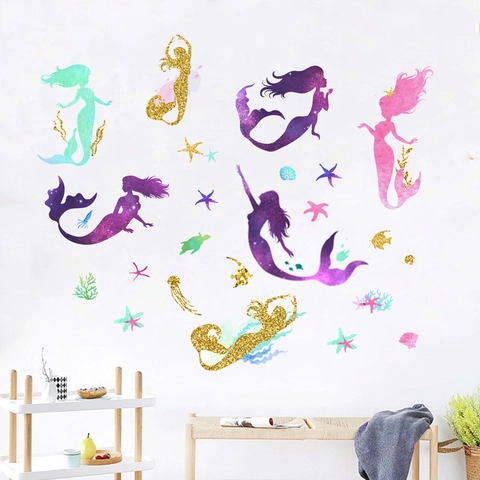 Adesivi da Parete Sirena ad Acquerello Viola Oro Stella Marina Creature Marine Decalcomanie per Cameretta Bambini Ragazze