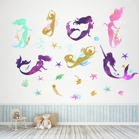 Adesivi da Parete Sirena ad Acquerello Viola Oro Stella Marina Creature Marine Decalcomanie per Cameretta Bambini Ragazze