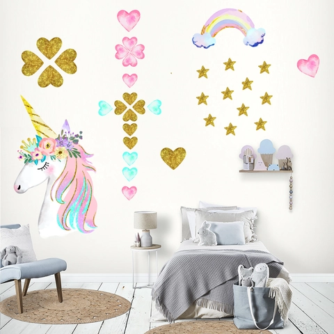 Unicorn Rainbow Stars Hearts Wall Stickers For Kids Bedroom Nursery Decor Waterproof Watercolor PVC Cartoon Wall Decals