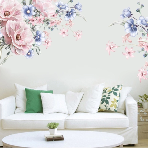 Stickers Muraux Floraux Aquarelle Pivoine Ipomée PVC Imperméable Amovible Décalcomanies d'Art Pour Chambre d'Enfant Salon Décor