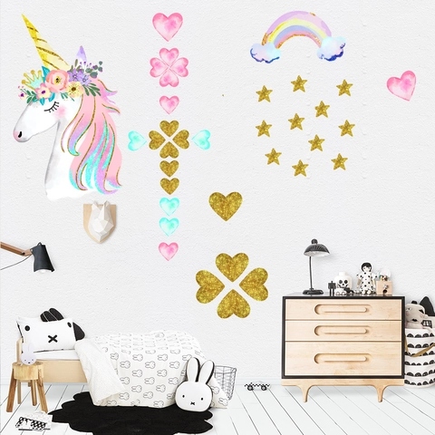 Unicorn Rainbow Stars Hearts Wall Stickers For Kids Bedroom Nursery Decor Waterproof Watercolor PVC Cartoon Wall Decals