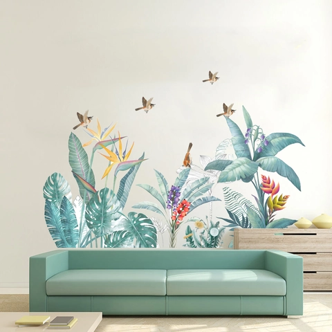 Tropical Green Leaf Plant Flower Bird Wall Stickers PVC Waterproof Removable DIY Wall Decal For Living Room Bedroom Decor
