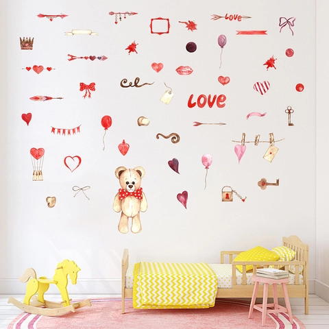 Aquarell Teddybär Herz Krone Liebe Wandaufkleber Für Kinderzimmer Schlafzimmer Wasserdicht PVC Valentinstag Dekorative Aufkleber