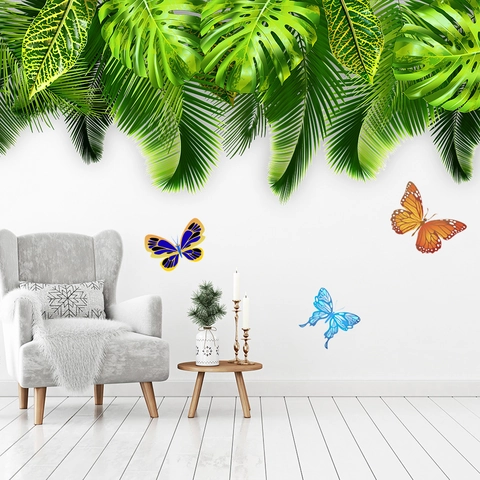 Tropische Grüne Blätter Schmetterling Wandsticker Monstera Palmblatt Wasserdicht PVC Abnehmbare Wandtattoo Für Wohnzimmer Schlafzimmer Deko