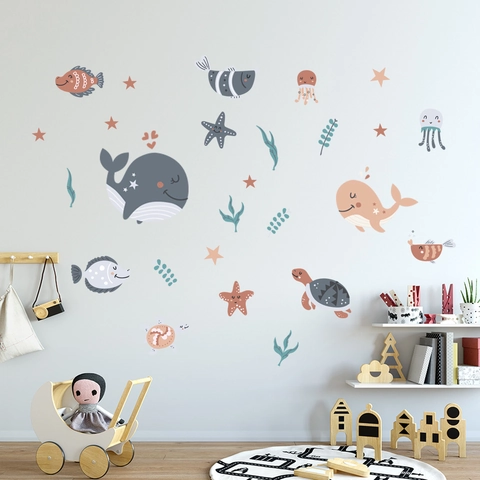 Cartoon Sea Animal Whale Turtle Wall Stickers Morandi Color Waterproof PVC Decorative Wall Decals For Kids Room Bedroom Nursery