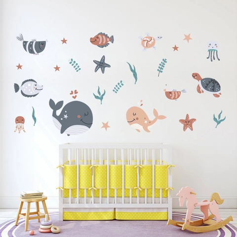 Cartoon Sea Animal Whale Turtle Wall Stickers Morandi Color Waterproof PVC Decorative Wall Decals For Kids Room Bedroom Nursery
