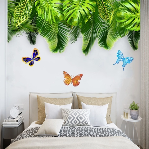 Tropische Grüne Blätter Schmetterling Wandsticker Monstera Palmblatt Wasserdicht PVC Abnehmbare Wandtattoo Für Wohnzimmer Schlafzimmer Deko